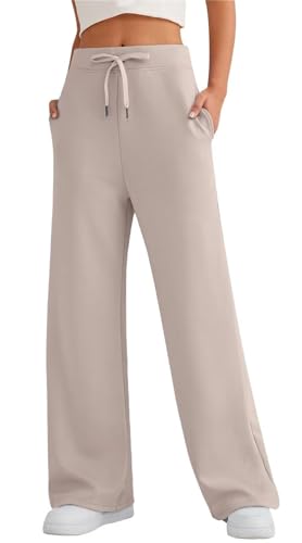 MorFansi Damen Jogginghose Weitem Bein High Waist Kordelzug Sporthose Lang Freizeithose Trainingshose mit Taschen (Khaki,L) von MorFansi
