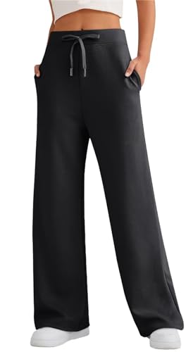 MorFansi Damen Jogginghose Weitem Bein High Waist Kordelzug Sporthose Lang Freizeithose Trainingshose mit Taschen (Schwarz,XL) von MorFansi