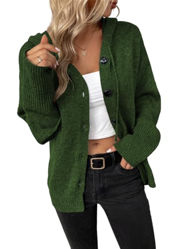 MorFansi Damen Langarm Grobstrickjacke Kordelzug Kurz Strickjacke Herbst Winter Strickmantel mit Kapuze (Armeegrün，L von MorFansi