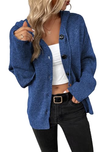 MorFansi Damen Langarm Grobstrickjacke Kordelzug Kurz Strickjacke Herbst Winter Strickmantel mit Kapuze (Blau，L von MorFansi