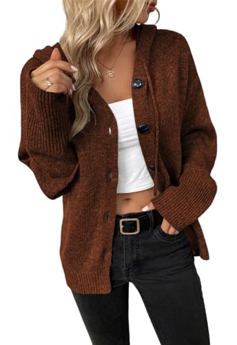 MorFansi Damen Langarm Grobstrickjacke Kordelzug Kurz Strickjacke Herbst Winter Strickmantel mit Kapuze (Karamell，L von MorFansi