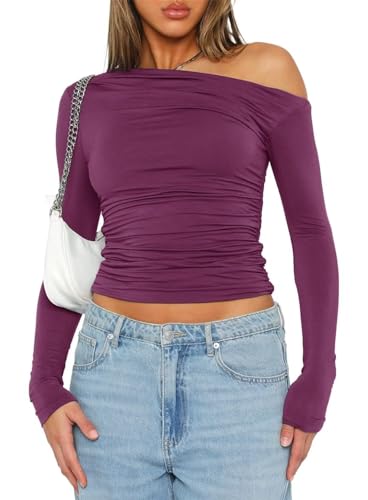 MorFansi Damen Langarmshirt Slim Fit Y2K U Boot Ausschnitt Schulterfrei Sexy Crop Top Gerafftes T-Shirt Streetwear (Violett Rot,L) von MorFansi