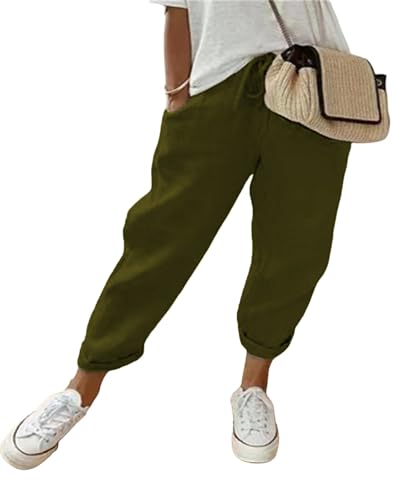 MorFansi Damen Leinenhose Casual Leicht Sommerhose Bequeme Luftige Hose Freizeithose Strandhose mit Taschen (Armeegrün,XL) von MorFansi