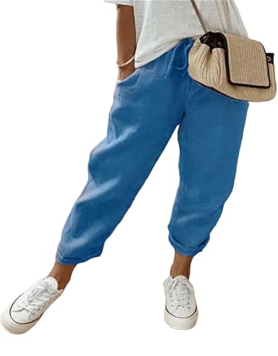 MorFansi Damen Leinenhose Casual Leicht Sommerhose Bequeme Luftige Hose Freizeithose Strandhose mit Taschen (Blau,M) von MorFansi