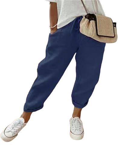 MorFansi Damen Leinenhose Casual Leicht Sommerhose Bequeme Luftige Hose Freizeithose Strandhose mit Taschen (Dunkelblau,XL) von MorFansi