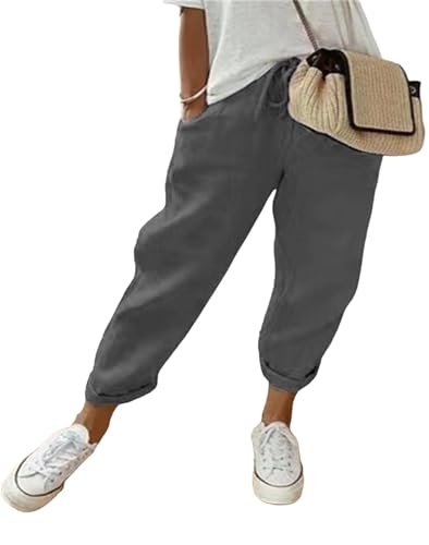 MorFansi Damen Leinenhose Casual Leicht Sommerhose Bequeme Luftige Hose Freizeithose Strandhose mit Taschen (Dunkelgrau,XL) von MorFansi