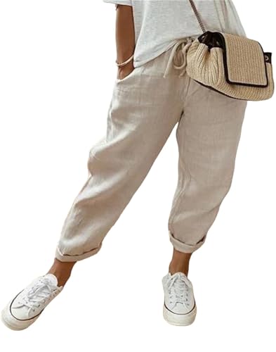 MorFansi Damen Leinenhose Casual Leicht Sommerhose Bequeme Luftige Hose Freizeithose Strandhose mit Taschen (Khaki,3XL) von MorFansi