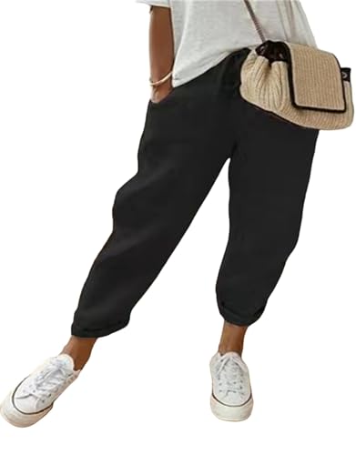 MorFansi Damen Leinenhose Casual Leicht Sommerhose Bequeme Luftige Hose Freizeithose Strandhose mit Taschen (Schwarz,M) von MorFansi