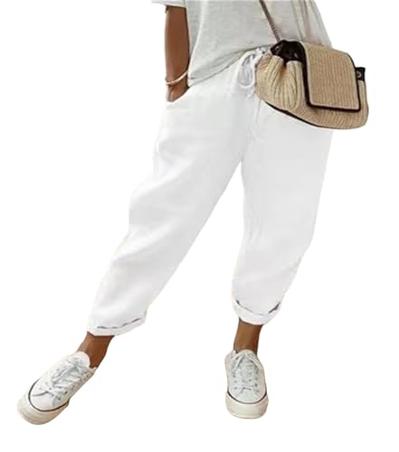 MorFansi Damen Leinenhose Casual Leicht Sommerhose Bequeme Luftige Hose Freizeithose Strandhose mit Taschen (Weiß,XL) von MorFansi