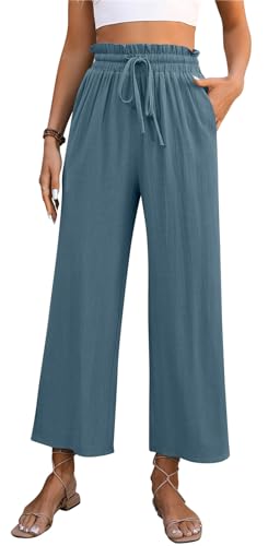 MorFansi Damen Leinenhose Sommer Hohe Taille Leichte Capri Palazzo Hose Freizeithose Sommerhose Mit Taschen und Tunnelzug (Blau,M) von MorFansi