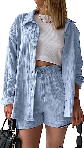 MorFansi Damen Outfit 2 Teiler Sommer Plissee Zweiteiler Freizeit 2 Teilig Elegant Bluse und High Waist Shorts Set Y2K Streetwear Oversize Tracksuit Loungewear Freizeitanzug (Hellblau,L) von MorFansi