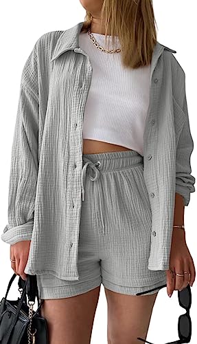 MorFansi Damen Outfit 2 Teiler Sommer Plissee Zweiteiler Freizeit 2 Teilig Elegant Bluse und High Waist Shorts Set Y2K Streetwear Oversize Tracksuit Loungewear Freizeitanzug (Hellgrau,M) von MorFansi