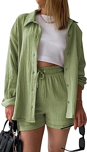 MorFansi Damen Outfit 2 Teiler Sommer Plissee Zweiteiler Freizeit 2 Teilig Elegant Bluse und High Waist Shorts Set Y2K Streetwear Oversize Tracksuit Loungewear Freizeitanzug (Hellgrün,L) von MorFansi