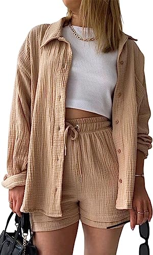 MorFansi Damen Outfit 2 Teiler Sommer Plissee Zweiteiler Freizeit 2 Teilig Elegant Bluse und High Waist Shorts Set Y2K Streetwear Oversize Tracksuit Loungewear Freizeitanzug (Khaki,M) von MorFansi