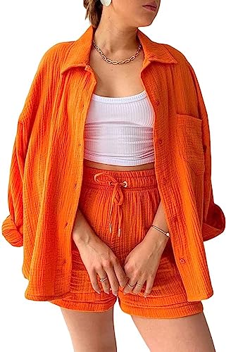 MorFansi Damen Outfit 2 Teiler Sommer Plissee Zweiteiler Freizeit 2 Teilig Elegant Bluse und High Waist Shorts Set Y2K Streetwear Oversize Tracksuit Loungewear Freizeitanzug (Orange,S) von MorFansi