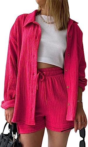 MorFansi Damen Outfit 2 Teiler Sommer Plissee Zweiteiler Freizeit 2 Teilig Elegant Bluse und High Waist Shorts Set Y2K Streetwear Oversize Tracksuit Loungewear Freizeitanzug (Rosarot,L) von MorFansi