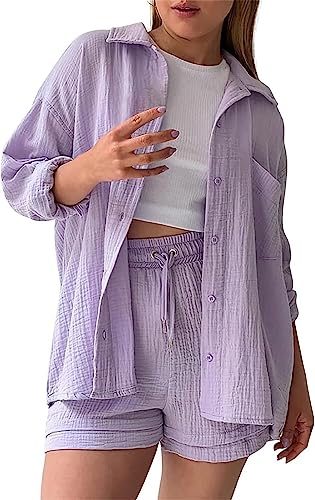 MorFansi Damen Outfit 2 Teiler Sommer Plissee Zweiteiler Freizeit 2 Teilig Elegant Bluse und High Waist Shorts Set Y2K Streetwear Oversize Tracksuit Loungewear Freizeitanzug (Violett,L) von MorFansi