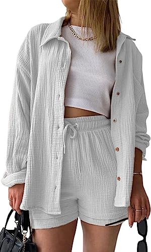 MorFansi Damen Outfit 2 Teiler Sommer Plissee Zweiteiler Freizeit 2 Teilig Elegant Bluse und High Waist Shorts Set Y2K Streetwear Oversize Tracksuit Loungewear Freizeitanzug (Weiß,L) von MorFansi