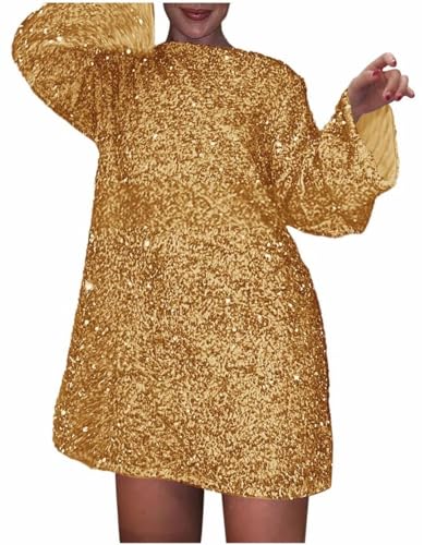 MorFansi Damen Paillettenkleid Kurz Sexy Glitzerkleid Langarm Baggy Glänzende Partykleid Kleider Festival (Gold,L) von MorFansi