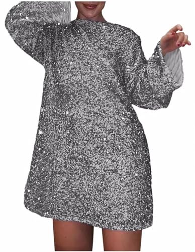 MorFansi Damen Paillettenkleid Kurz Sexy Glitzerkleid Langarm Baggy Glänzende Partykleid Kleider Festival (Grau,XL) von MorFansi