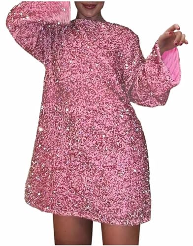 MorFansi Damen Paillettenkleid Kurz Sexy Glitzerkleid Langarm Baggy Glänzende Partykleid Kleider Festival (Rosa,XL) von MorFansi