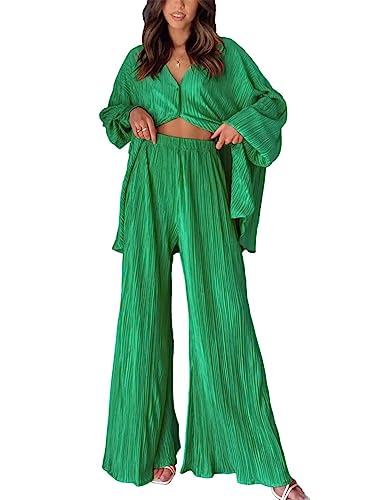 MorFansi Damen Plissee Zweiteiler Outfit Elegant 2 Teiler Hosenanzug Set Langarmshirt + Weitem Bein Hose Outfits Sommer Herbst Loungewear Streetwear (Grün,XL) von MorFansi