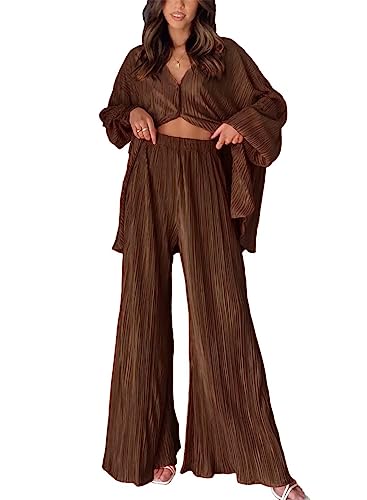 MorFansi Damen Plissee Zweiteiler Outfit Elegant 2 Teiler Hosenanzug Set Langarmshirt + Weitem Bein Hose Outfits Sommer Herbst Loungewear Streetwear (Kaffee,S) von MorFansi