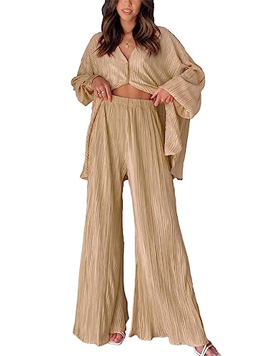 MorFansi Damen Plissee Zweiteiler Outfit Elegant 2 Teiler Hosenanzug Set Langarmshirt + Weitem Bein Hose Outfits Sommer Herbst Loungewear Streetwear (Khaki,S) von MorFansi