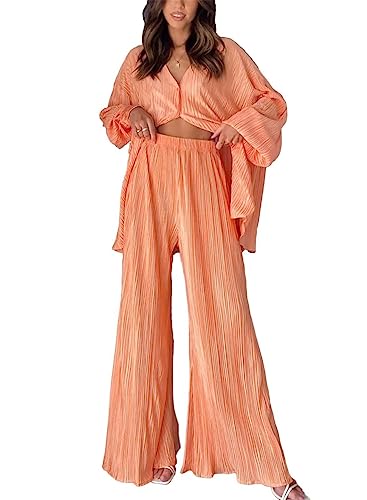 MorFansi Damen Plissee Zweiteiler Outfit Elegant 2 Teiler Hosenanzug Set Langarmshirt + Weitem Bein Hose Outfits Sommer Herbst Loungewear Streetwear (Orange,S) von MorFansi