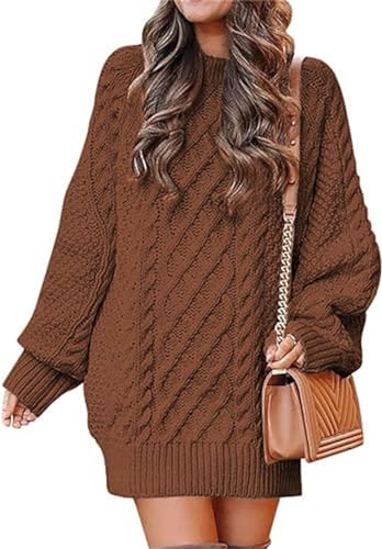 MorFansi Damen Pulloverkleid Rundhalsausschnitt Langarm Zopfmuster Rollkragen Chunky Pullover Kurze Pulloverkleider (Kaffee，XL) von MorFansi