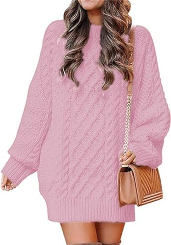 MorFansi Damen Pulloverkleid Rundhalsausschnitt Langarm Zopfmuster Rollkragen Chunky Pullover Kurze Pulloverkleider (Rosa，S) von MorFansi