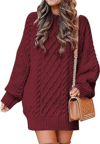 MorFansi Damen Pulloverkleid Rundhalsausschnitt Langarm Zopfmuster Rollkragen Chunky Pullover Kurze Pulloverkleider (Rotwein，M) von MorFansi