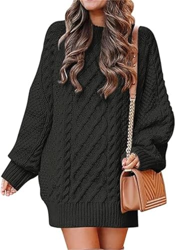 MorFansi Damen Pulloverkleid Rundhalsausschnitt Langarm Zopfmuster Rollkragen Chunky Pullover Kurze Pulloverkleider (Schwarz，S) von MorFansi