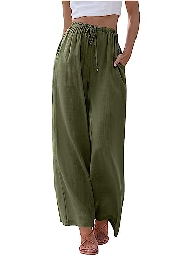 MorFansi Damen Sommerhose Baumwolle Leinen Weites Bein Hosen Flowy Palazzo Freizeithose Strandhose Yoga Jogginghose mit Taschen (Armeegrün,3XL) von MorFansi