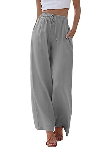 MorFansi Damen Sommerhose Baumwolle Leinen Weites Bein Hosen Flowy Palazzo Freizeithose Strandhose Yoga Jogginghose mit Taschen (Grau,S) von MorFansi