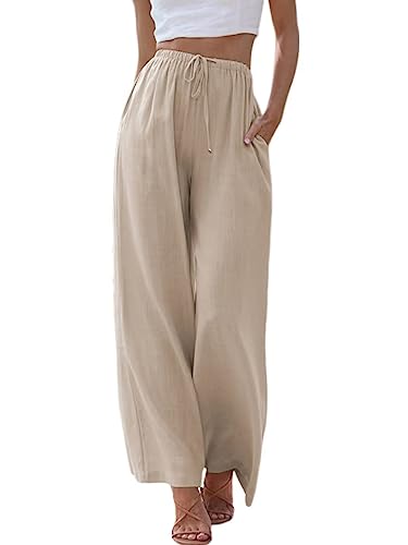 MorFansi Damen Sommerhose Baumwolle Leinen Weites Bein Hosen Flowy Palazzo Freizeithose Strandhose Yoga Jogginghose mit Taschen (Khaki,S) von MorFansi