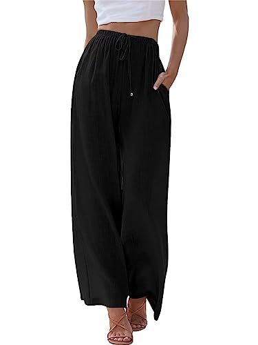 MorFansi Damen Sommerhose Baumwolle Leinen Weites Bein Hosen Flowy Palazzo Freizeithose Strandhose Yoga Jogginghose mit Taschen (Schwarz,L) von MorFansi