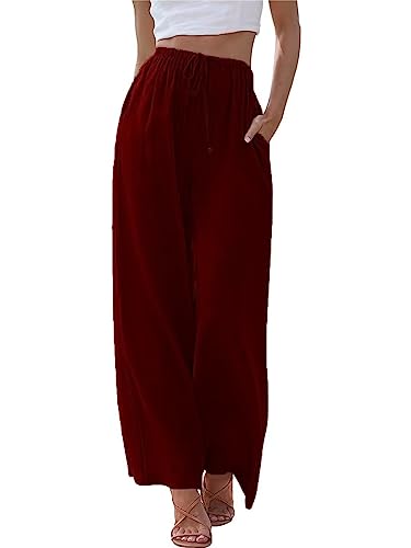 MorFansi Damen Sommerhose Baumwolle Leinen Weites Bein Hosen Flowy Palazzo Freizeithose Strandhose Yoga Jogginghose mit Taschen (Weinrot,3XL) von MorFansi