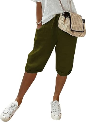MorFansi Damen Sommerhose Knielang Leinenhose Leicht Sommer Kurze Hosen Caprihose Strandhose Freizeithose mit Taschen (Armeegrün,M) von MorFansi
