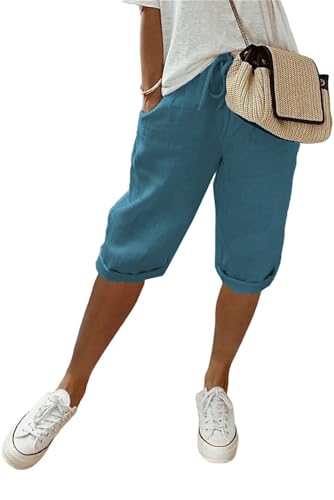 MorFansi Damen Sommerhose Knielang Leinenhose Leicht Sommer Kurze Hosen Caprihose Strandhose Freizeithose mit Taschen (Blau,L) von MorFansi