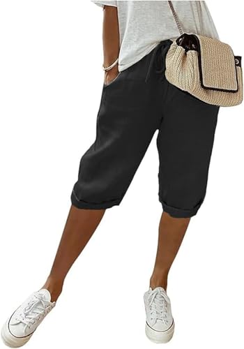 MorFansi Damen Sommerhose Knielang Leinenhose Leicht Sommer Kurze Hosen Caprihose Strandhose Freizeithose mit Taschen (Schwarz,M) von MorFansi