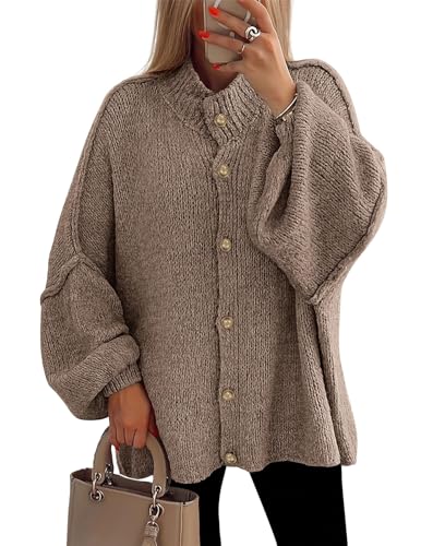 MorFansi Damen Strickjacke Knopfleiste Strickpullover Elegant Laternenärmel Pullover Einfarbig Vintage Locker Casual Winter Strick Cardigan Sweater (Kamel,S) von MorFansi