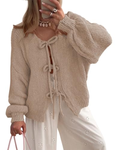 MorFansi Damen Strickjacke Schleife Vorne Strick Cardigan Strickpullover Puffärmel Herbst Winter Open Front Pullover Locker Outwear (Aprikose,S) von MorFansi