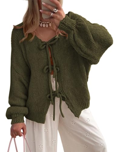 MorFansi Damen Strickjacke Schleife Vorne Strick Cardigan Strickpullover Puffärmel Herbst Winter Open Front Pullover Locker Outwear (Armeegrün,L) von MorFansi
