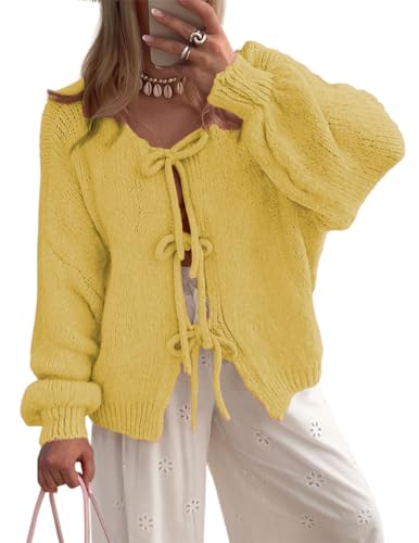 MorFansi Damen Strickjacke Schleife Vorne Strick Cardigan Strickpullover Puffärmel Herbst Winter Open Front Pullover Locker Outwear (Gelb,M) von MorFansi