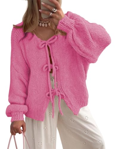 MorFansi Damen Strickjacke Schleife Vorne Strick Cardigan Strickpullover Puffärmel Herbst Winter Open Front Pullover Locker Outwear (Rosarot,M) von MorFansi