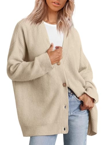 MorFansi Damen Strickjacke Strick Outwear V-Ausschnitt Vorne Offen Leicht Lockere Pullover mit Knöpfen (Aprikose,M) von MorFansi