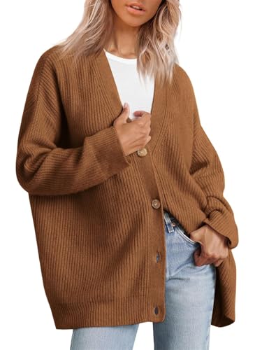 MorFansi Damen Strickjacke Strick Outwear V-Ausschnitt Vorne Offen Leicht Lockere Pullover mit Knöpfen (Braun,2XL) von MorFansi
