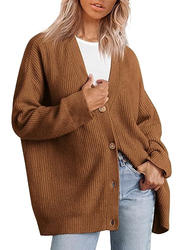 MorFansi Damen Strickjacke Strick Outwear V-Ausschnitt Vorne Offen Leicht Lockere Pullover mit Knöpfen (Braun,XL) von MorFansi