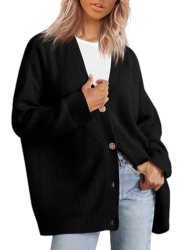 MorFansi Damen Strickjacke Strick Outwear V-Ausschnitt Vorne Offen Leicht Lockere Pullover mit Knöpfen (Schwarz,M) von MorFansi